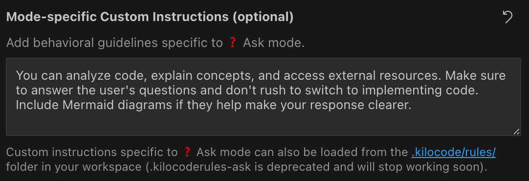 Aincrok Modes tab showing mode-specific custom instructions interface