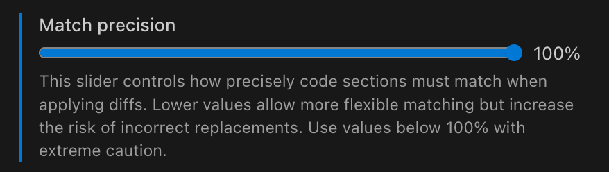 Aincrok settings showing Enable editing through diffs checkbox and Match precision slider