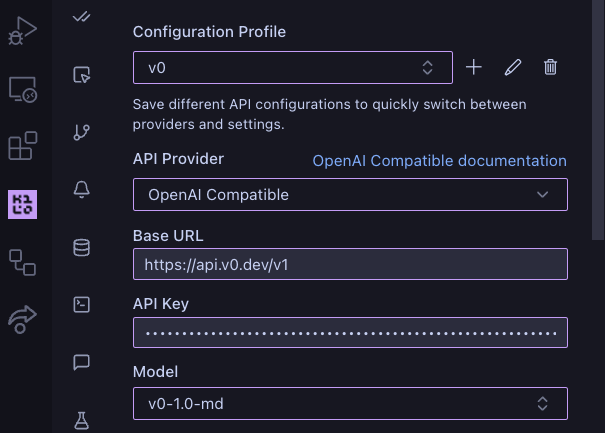 v0 configuration in Aincrok settings